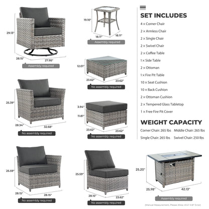 16 Pieces Outdoor Furniture All-Weather Patio Conversation Set Wicker Sectional Sofa with Gas Fire Pit Swivel Rocking Chair,Black Cushion