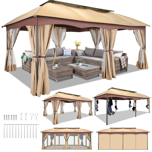 COBIZI Gazebo 12X20 Heavy Duty Patio Gazebo with Mosquito Netting Deck Gazebo with Metal Steel Frame Large Screen Gazebo Tent Waterproof with Double Roof for Party, Backyard, Deck, Garden, Khaki