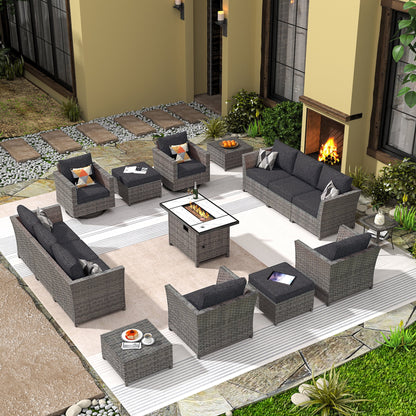 16 Pieces Outdoor Furniture All-Weather Patio Conversation Set Wicker Sectional Sofa with Gas Fire Pit Swivel Rocking Chair,Black Cushion